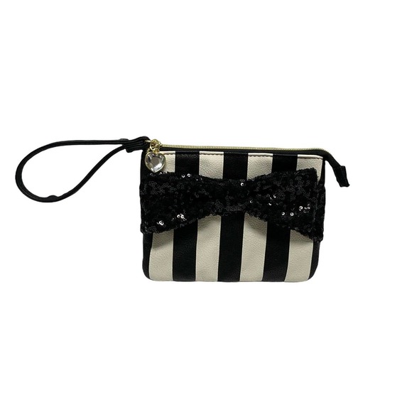 Betsy Johnson Black White Stripe Sequins Wristlet - Picture 1 of 4